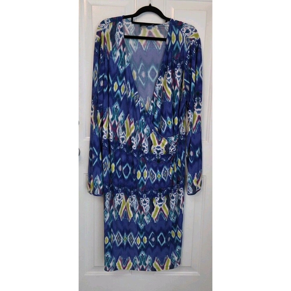 Colorful Ikat Faux Wrap Dress Long Sleeve Jones New York Blue Pattern - Size 2X
